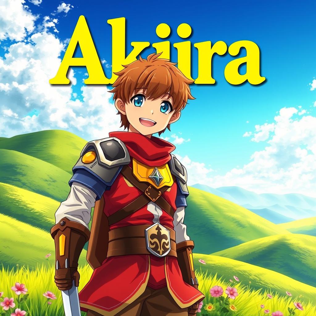 An engaging fantasy anime cover titled 'Akira' in bold yellow letters, featuring a 16-year-old young warrior with chestnut brown hair and bright blue eyes, smiling joyfully