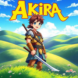 An engaging fantasy anime cover titled 'Akira' in bold yellow letters, featuring a 16-year-old young warrior with chestnut brown hair and bright blue eyes, smiling joyfully