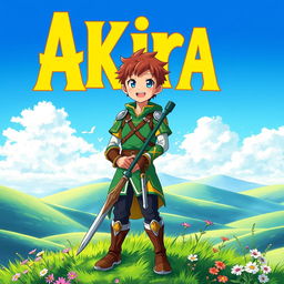 An engaging fantasy anime cover titled 'Akira' in bold yellow letters, featuring a 16-year-old young warrior with chestnut brown hair and bright blue eyes, smiling joyfully