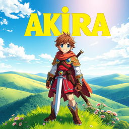 An engaging fantasy anime cover titled 'Akira' in bold yellow letters, featuring a 16-year-old young warrior with chestnut brown hair and bright blue eyes, smiling joyfully