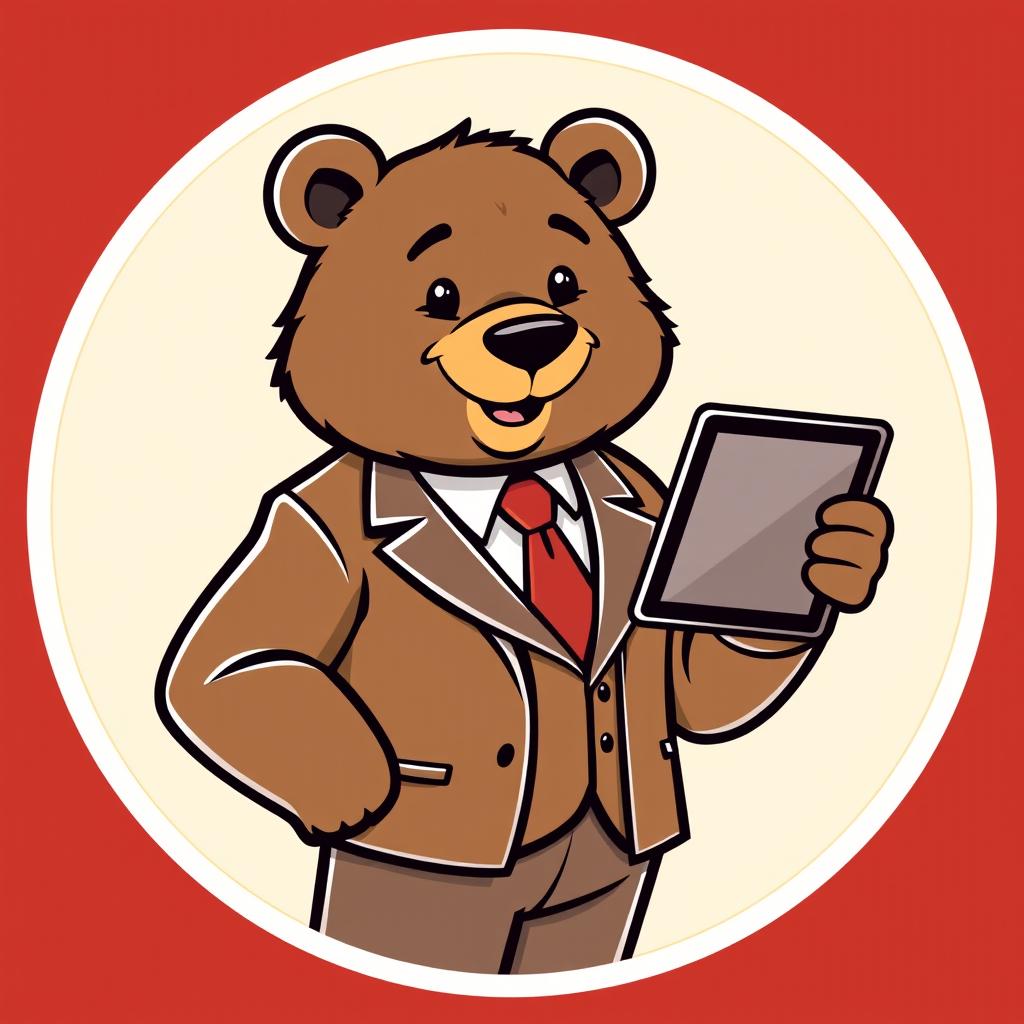 A logo featuring an adult bear in a suit, confidently holding a tablet