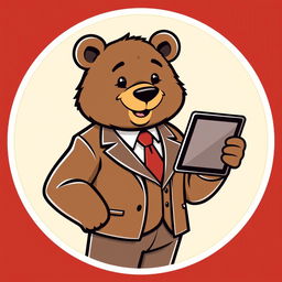 A logo featuring an adult bear in a suit, confidently holding a tablet