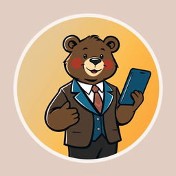 A logo featuring an adult bear in a suit, confidently holding a tablet