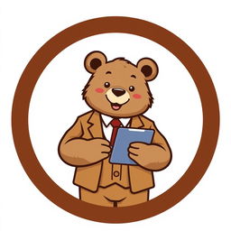 A logo featuring an adult bear in a suit, confidently holding a tablet