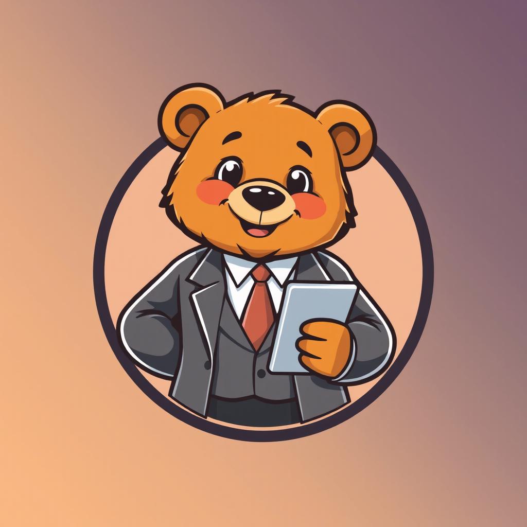 A logo featuring an adult bear in a suit, confidently holding a tablet