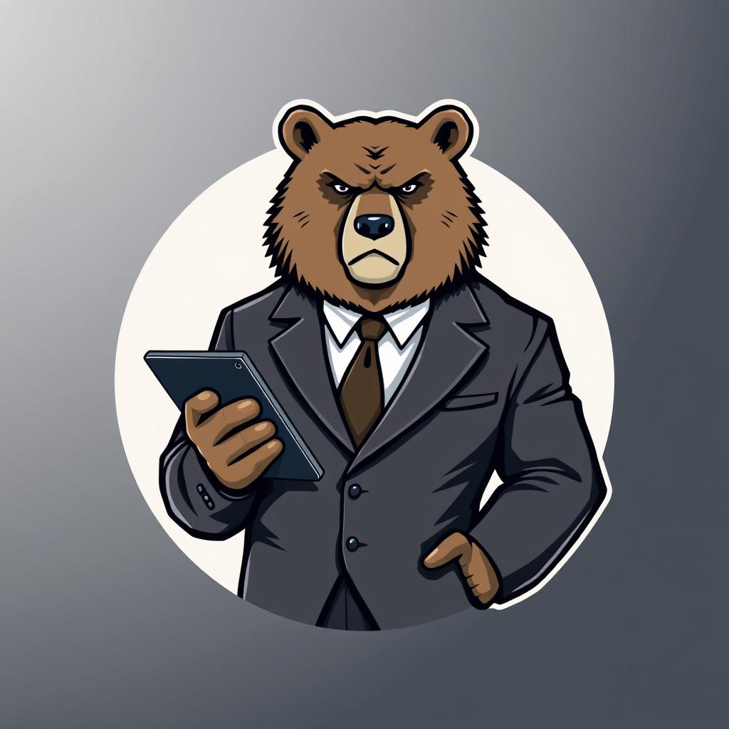 A serious adult bear in a business suit, holding a tablet, depicted within a circular logo