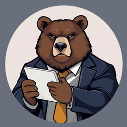 A serious adult bear in a business suit, holding a tablet, depicted within a circular logo