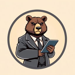 A serious adult bear in a business suit, holding a tablet, depicted within a circular logo