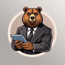 A serious adult bear in a business suit, holding a tablet, depicted within a circular logo