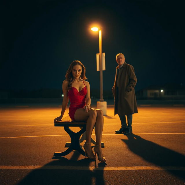 A captivating night scene set in a lonely parking lot, showcasing a beautiful woman in elegant red lingerie, sitting gracefully on a simple wooden bench