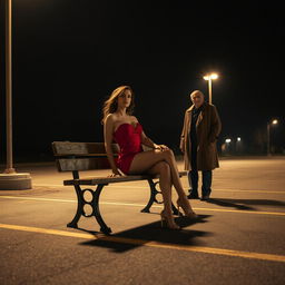 A captivating night scene set in a lonely parking lot, showcasing a beautiful woman in elegant red lingerie, sitting gracefully on a simple wooden bench