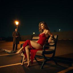 A captivating night scene set in a lonely parking lot, showcasing a beautiful woman in elegant red lingerie, sitting gracefully on a simple wooden bench