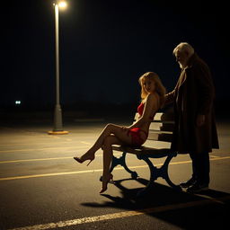 A captivating night scene set in a lonely parking lot, showcasing a beautiful woman in elegant red lingerie, sitting gracefully on a simple wooden bench