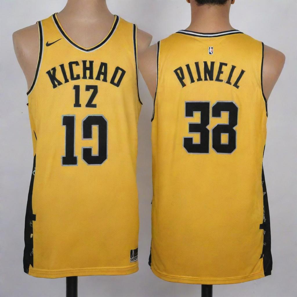 A front and back view of a basketball jersey painted in golden yellow with minute black patterns. Features such as the team logo on the front and the player's number on the back are accented in contrasting black.