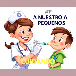 A colorful Disney Pixar-style poster featuring a friendly nurse administering an injection with a syringe to a small school-aged character