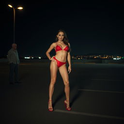 A provocative night scene set in a lonely parking lot, showcasing a confident woman in striking red lingerie, standing assertively with her legs open