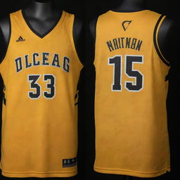 A front and back view of a basketball jersey painted in golden yellow with minute black patterns. Features such as the team logo on the front and the player's number on the back are accented in contrasting black.