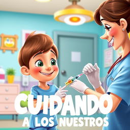 A colorful Disney Pixar-style poster featuring a friendly nurse administering an injection with a syringe to a young school-aged character