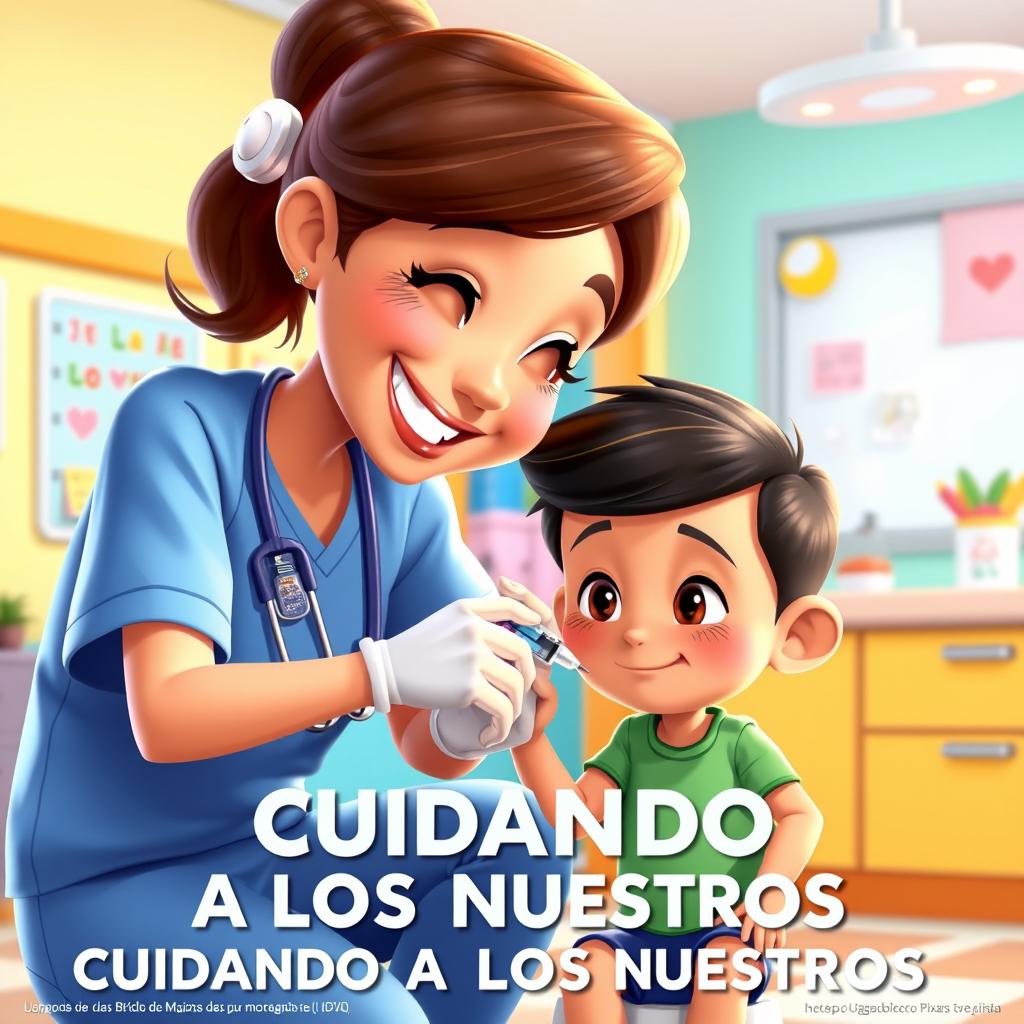 A colorful Disney Pixar-style poster featuring a friendly nurse administering an injection with a syringe to a young school-aged character