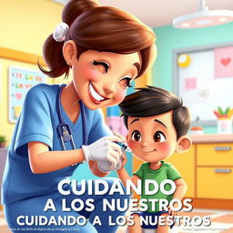 A colorful Disney Pixar-style poster featuring a friendly nurse administering an injection with a syringe to a young school-aged character