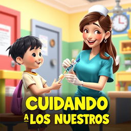 A colorful Disney Pixar-style poster featuring a friendly nurse administering an injection with a syringe to a young school-aged character