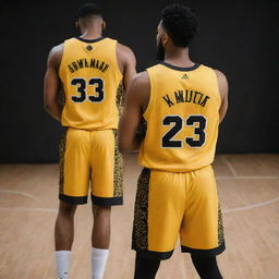 A front and back view of a basketball jersey painted in golden yellow with minute black patterns. Features such as the team logo on the front and the player's number on the back are accented in contrasting black.