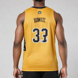 A front and back view of a basketball jersey painted in golden yellow with minute black patterns. Features such as the team logo on the front and the player's number on the back are accented in contrasting black.