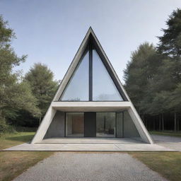 A perfectly symmetrical, modern triangular house with vertical orientation, standing solitary, illustrating both minimalism and uniqueness in design.