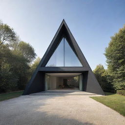 A perfectly symmetrical, modern triangular house with vertical orientation, standing solitary, illustrating both minimalism and uniqueness in design.