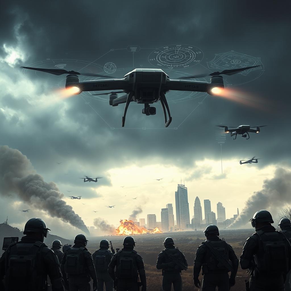 A dramatic scene depicting a futuristic war zone, with advanced surveillance technology integrated into the environment