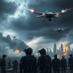 A dramatic scene depicting a futuristic war zone, with advanced surveillance technology integrated into the environment