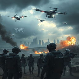 A dramatic scene depicting a futuristic war zone, with advanced surveillance technology integrated into the environment