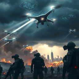 A dramatic scene depicting a futuristic war zone, with advanced surveillance technology integrated into the environment