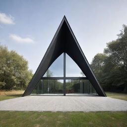 A perfectly symmetrical, modern triangular house with vertical orientation, standing solitary, illustrating both minimalism and uniqueness in design.