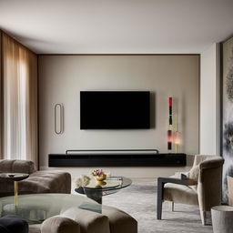 An exquisite living room featuring a state-of-the-art curved television, elegantly positioned amidst stylish furniture.