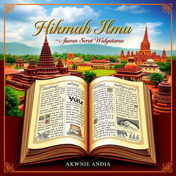 A book cover featuring an open book showing pages filled with ancient Javanese scripts and illustrations, set against a picturesque backdrop of Yogyakarta’s iconic landmarks, such as the Borobudur Temple and the Sultan's Palace