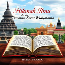 A book cover featuring an open book showing pages filled with ancient Javanese scripts and illustrations, set against a picturesque backdrop of Yogyakarta’s iconic landmarks, such as the Borobudur Temple and the Sultan's Palace