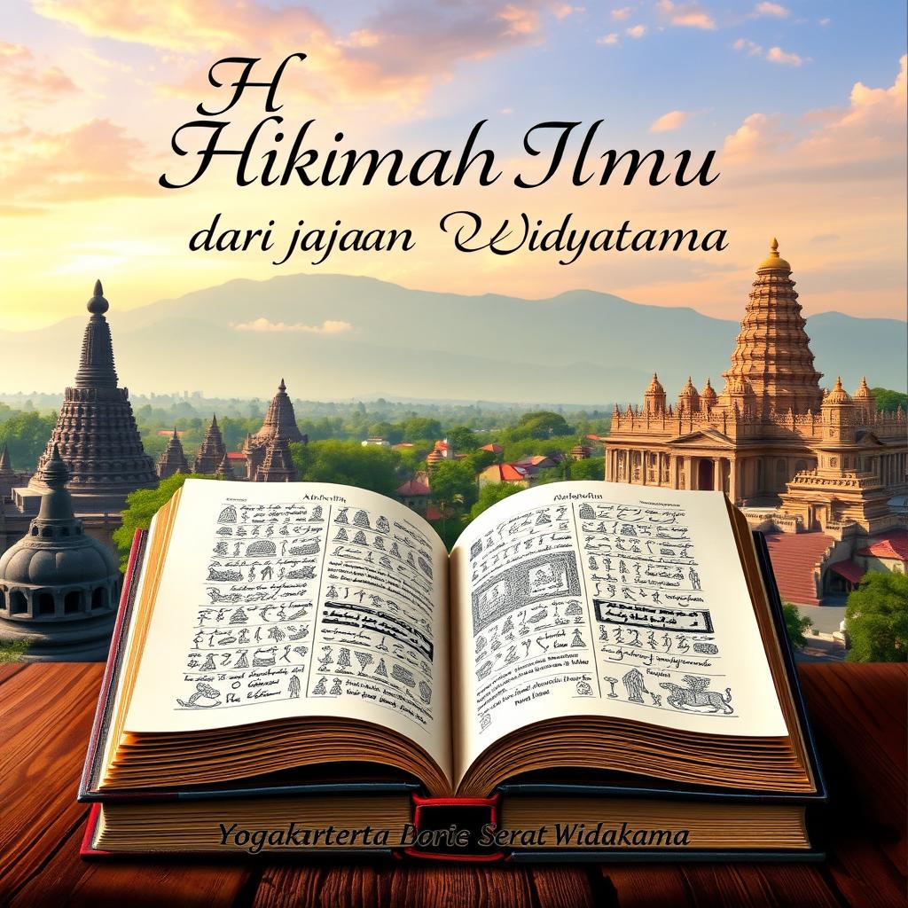 A book cover featuring an open book showing pages filled with ancient Javanese scripts and illustrations, set against a picturesque backdrop of Yogyakarta’s iconic landmarks, such as the Borobudur Temple and the Sultan's Palace