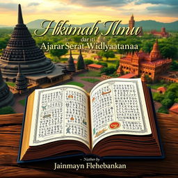 A book cover featuring an open book showing pages filled with ancient Javanese scripts and illustrations, set against a picturesque backdrop of Yogyakarta’s iconic landmarks, such as the Borobudur Temple and the Sultan's Palace