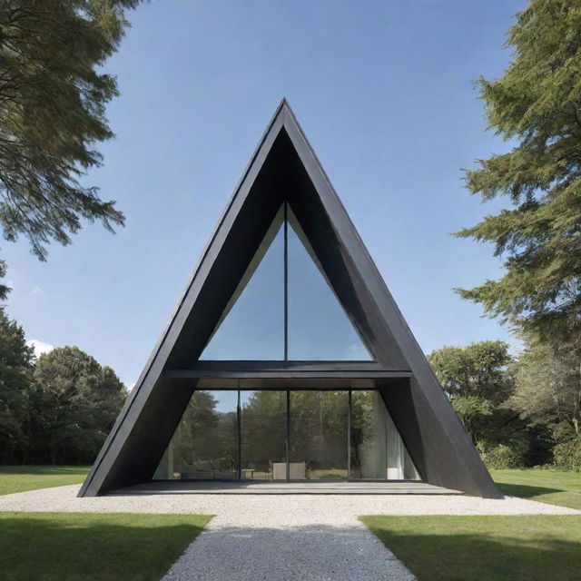 A perfectly symmetrical, modern triangular house with vertical orientation, standing solitary, illustrating both minimalism and uniqueness in design.