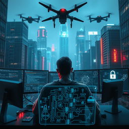 An intense scene showcasing the concept of electronic warfare and mind hacking in a cyberpunk setting