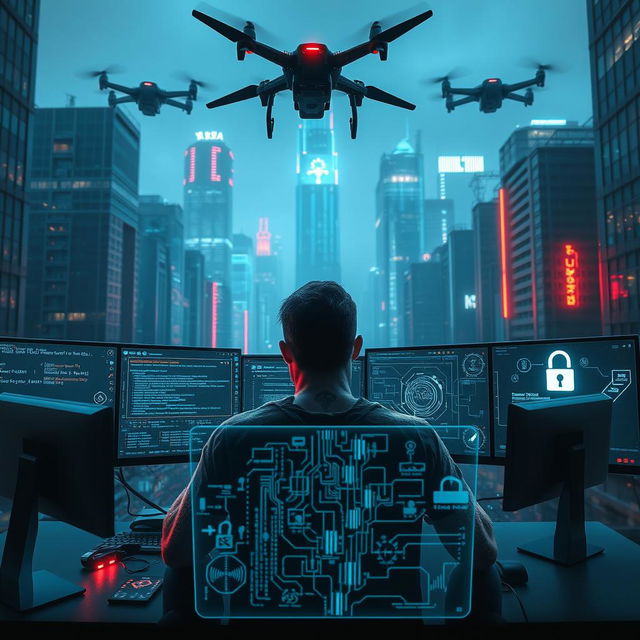 An intense scene showcasing the concept of electronic warfare and mind hacking in a cyberpunk setting