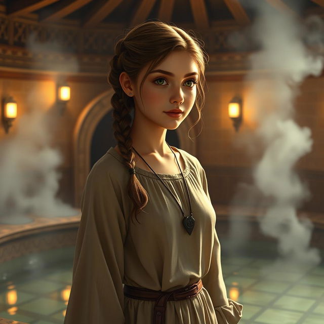 A young female human servant in the Dungeons and Dragons universe, standing in a hammam-like medieval bathhouse
