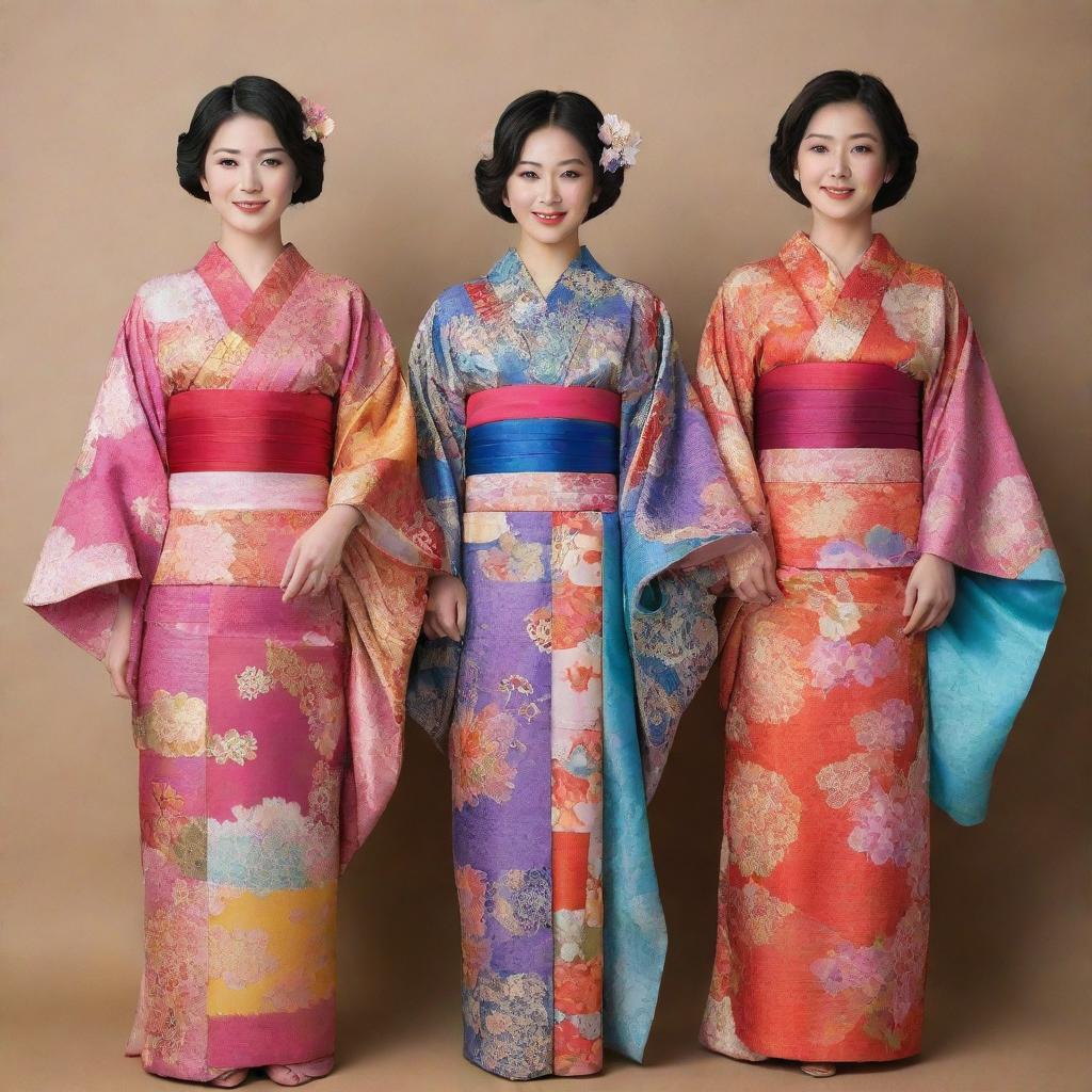 A stunning display of traditional Japanese clothing, with elegantly draped kimonos in vibrant colours, adorned with intricate patterns and designs.