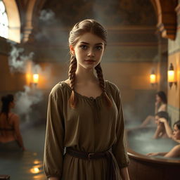 A young female human servant in the Dungeons and Dragons universe, standing in a hammam-like medieval bathhouse