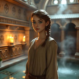 A young female human servant in the Dungeons and Dragons universe, standing in a hammam-like medieval bathhouse