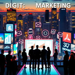 A visually engaging representation of digital marketing, featuring a vibrant city skyline at dusk filled with glowing billboards displaying various online platforms like social media icons, emails, and ads