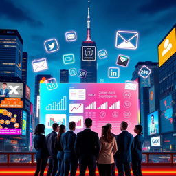 A visually engaging representation of digital marketing, featuring a vibrant city skyline at dusk filled with glowing billboards displaying various online platforms like social media icons, emails, and ads