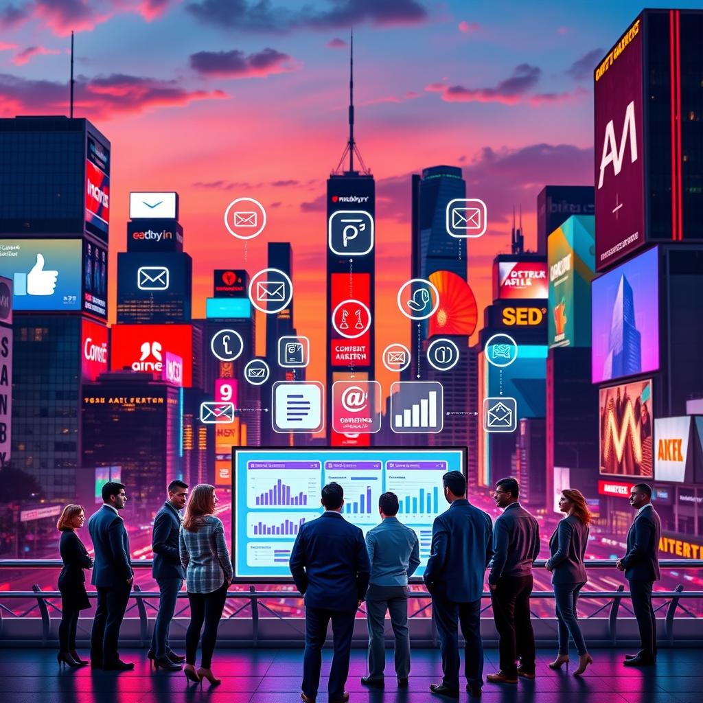 A visually engaging representation of digital marketing, featuring a vibrant city skyline at dusk filled with glowing billboards displaying various online platforms like social media icons, emails, and ads