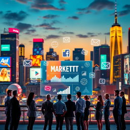 A visually engaging representation of digital marketing, featuring a vibrant city skyline at dusk filled with glowing billboards displaying various online platforms like social media icons, emails, and ads